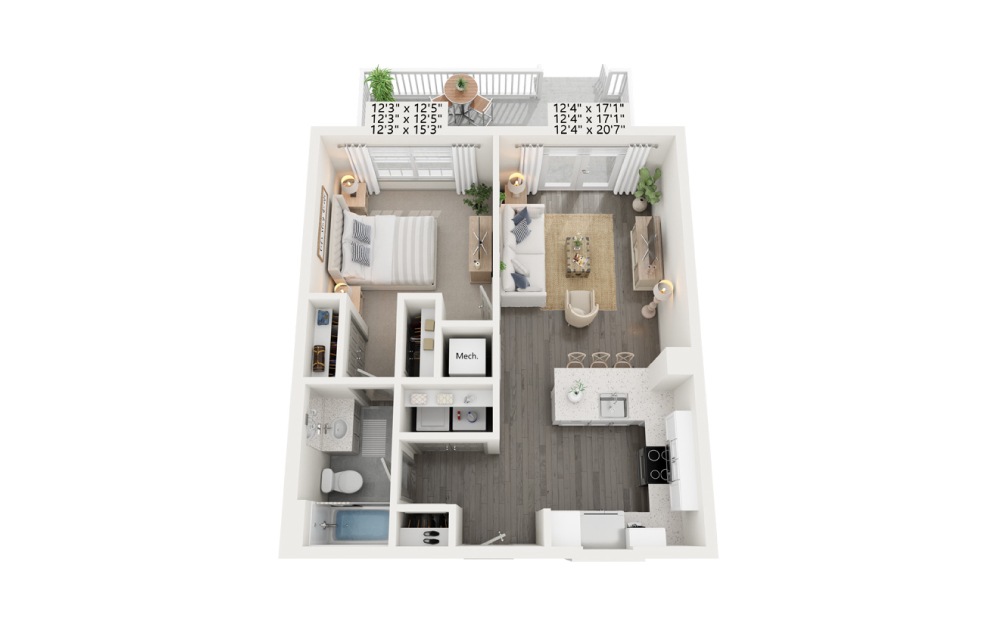 A1a/b - 1 bedroom floorplan layout with 1 bath and 750 square feet.