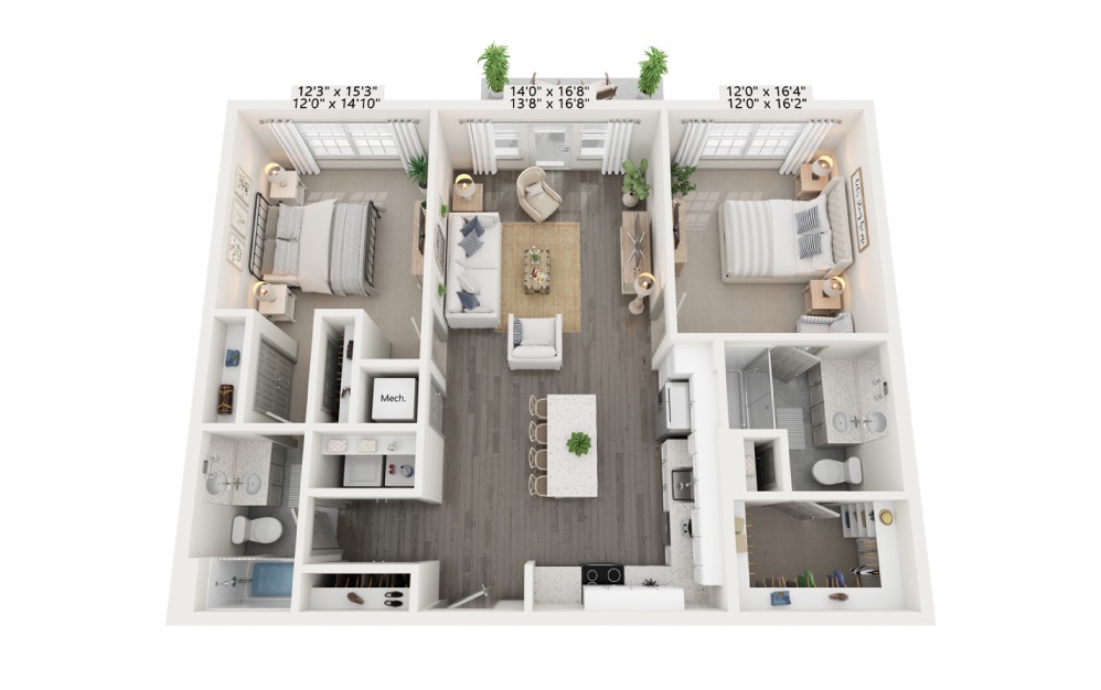 B1c - 2 bedroom floorplan layout with 2 baths and 1273 square feet.