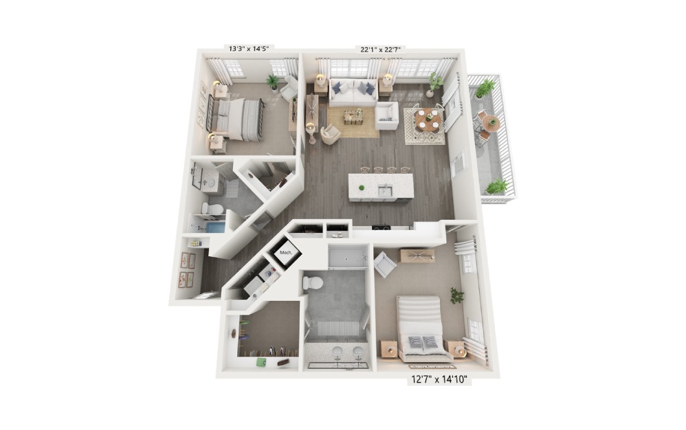 B7b - 2 bedroom floorplan layout with 2 baths and 1384 square feet.