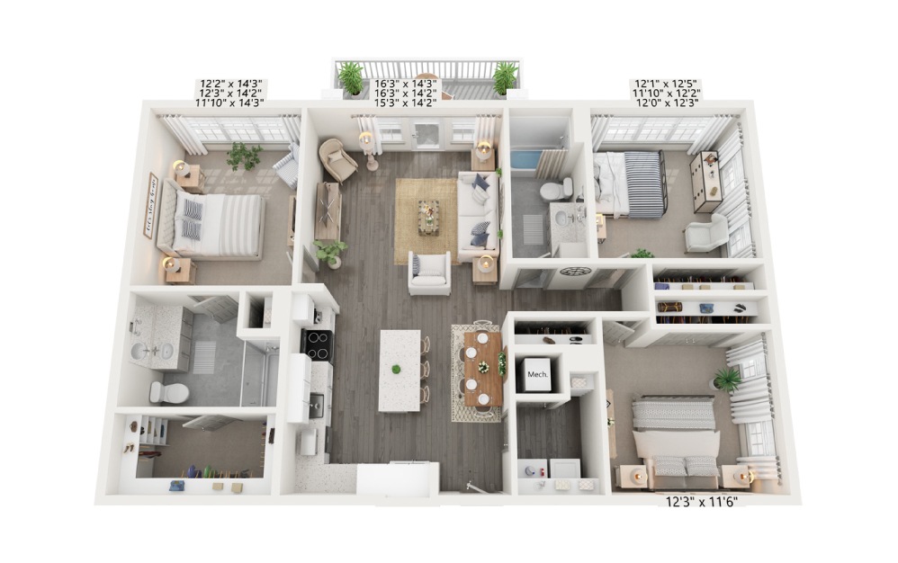 C2c - 3 bedroom floorplan layout with 2 baths and 1395 square feet.